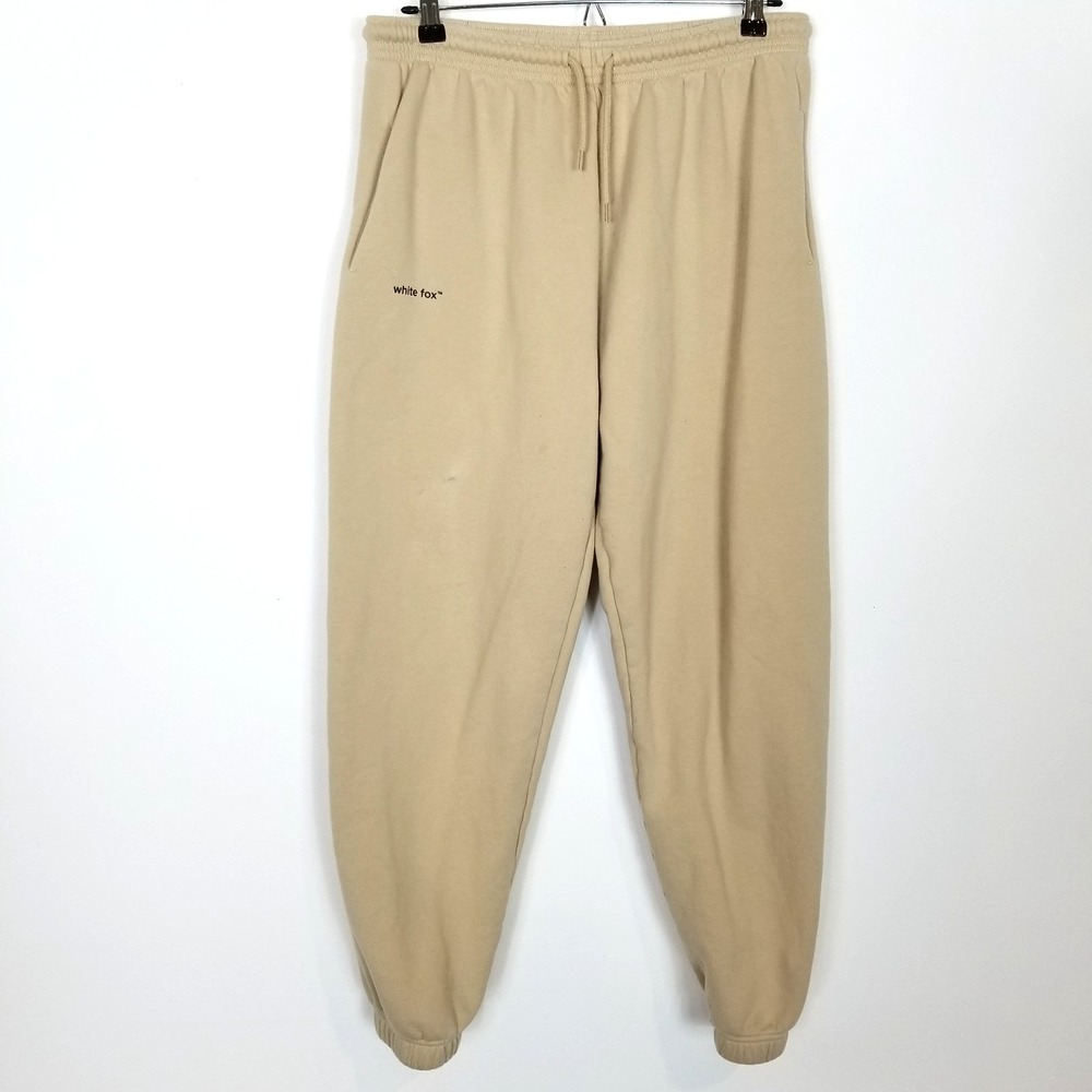 White Fox Women Fleece Sweatpants Joggers Sz‎ L Beige Drawstring Logo Y2K